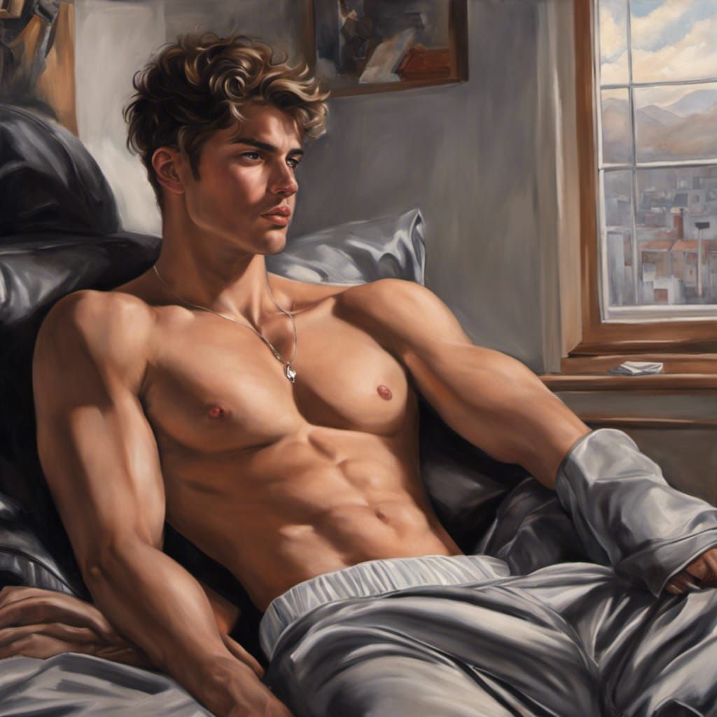 British Lad Chilling in Bedroom: Photorealistic Painting