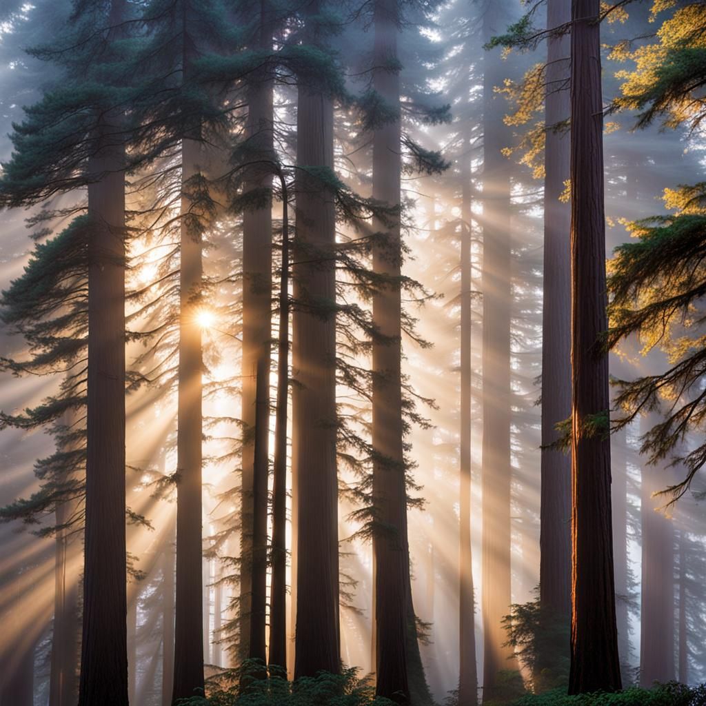 Misty Redwood Forest at Dawn in Landscape Photography Style