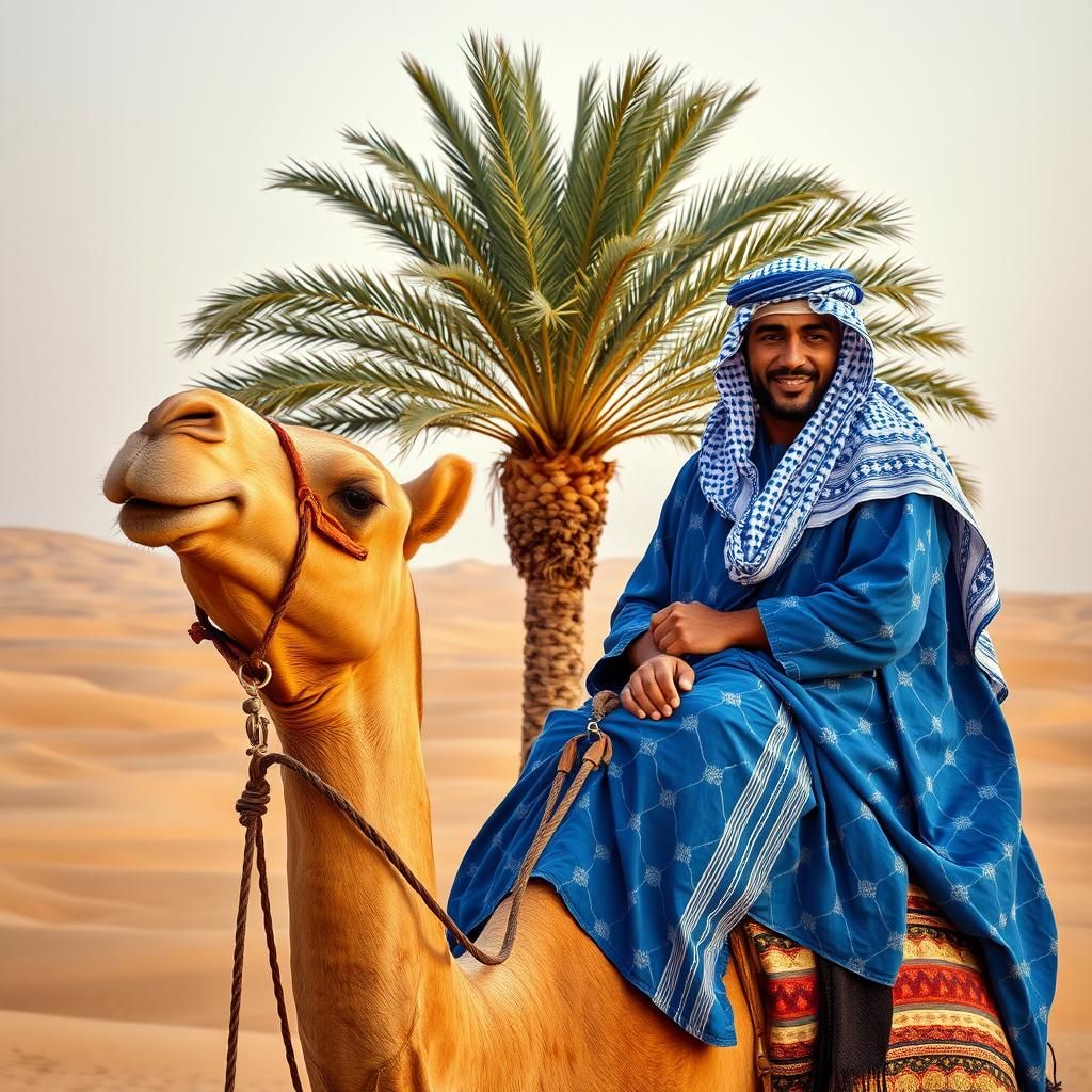 An arab riding a camel under a palm tree. Funny but emotiona...