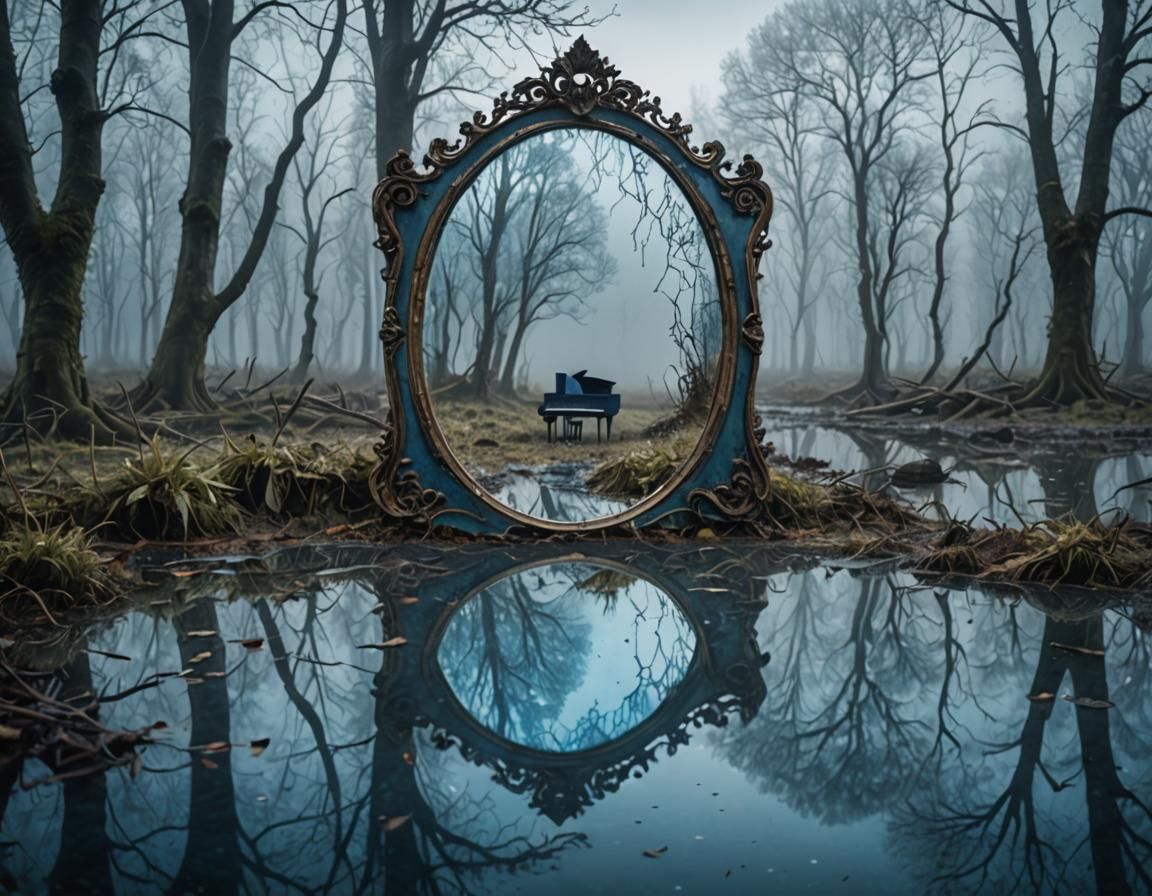 Blue Dream Landscape Reflected in Broken Mirror