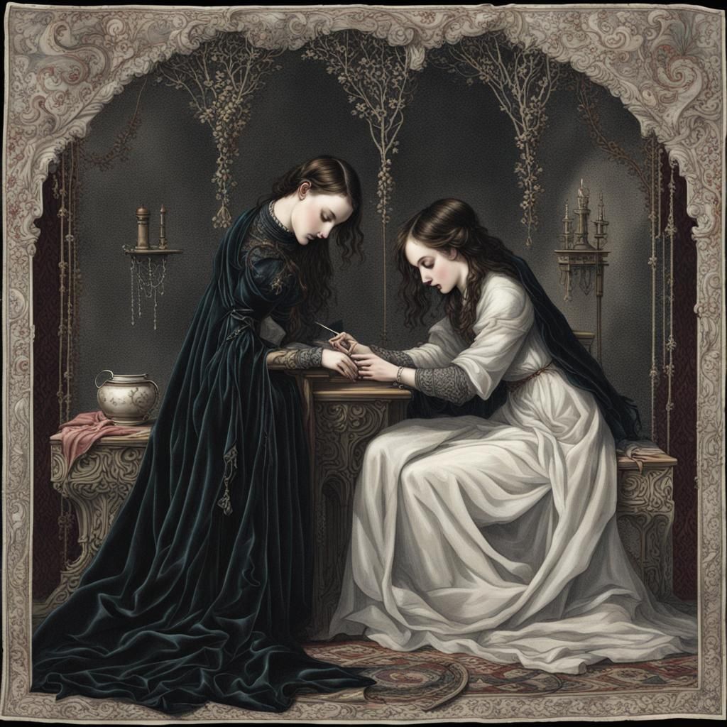 Gothic Woman Embroidering Silk Cloth