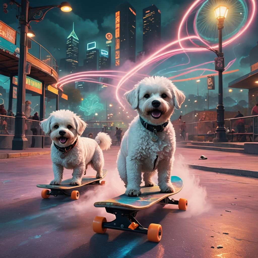 Dogs Skateboarding in Dreamlike Skate Park