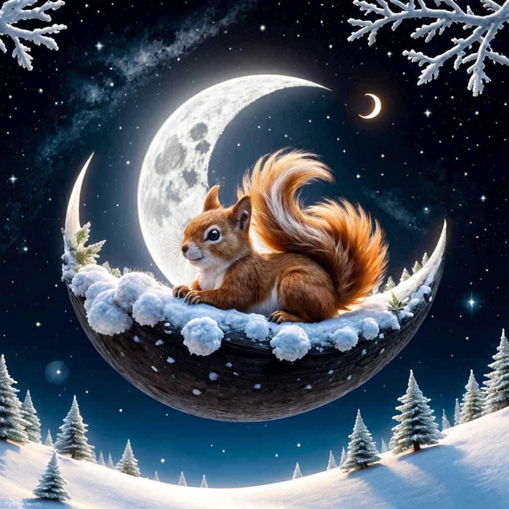 Surreal Fantasy Scene with a Sleeping Squirrel on a Glowing....