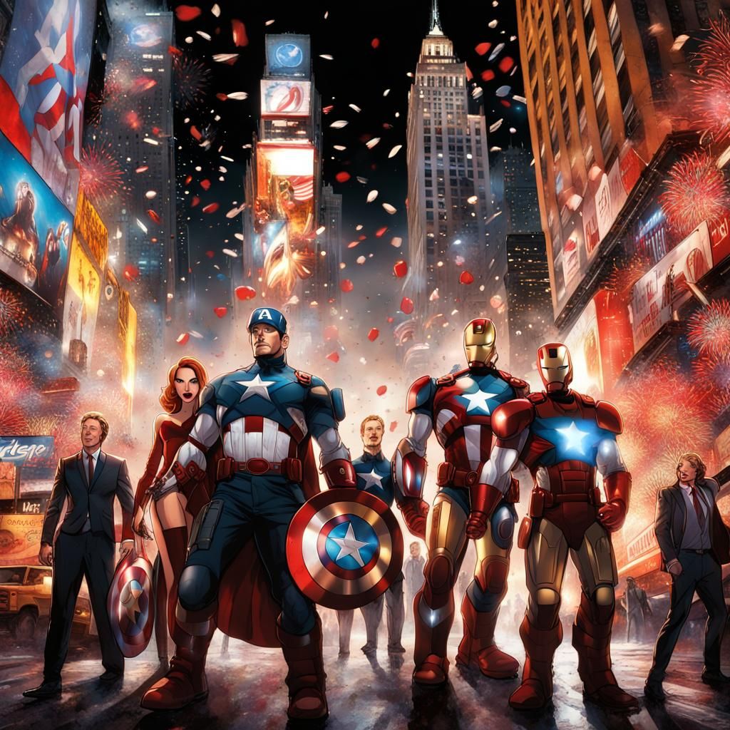 Avengers teamjoyfully gather in the heart of New York City's bustling Times Square to enthusiastically ring in the New Y...