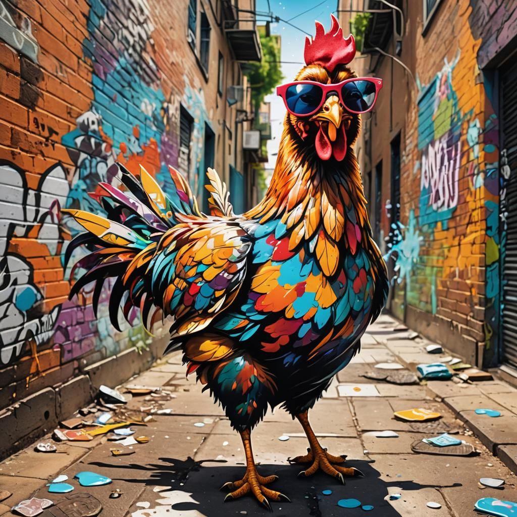 Funky Chicken Dances in Vibrant Graffiti Alleyway