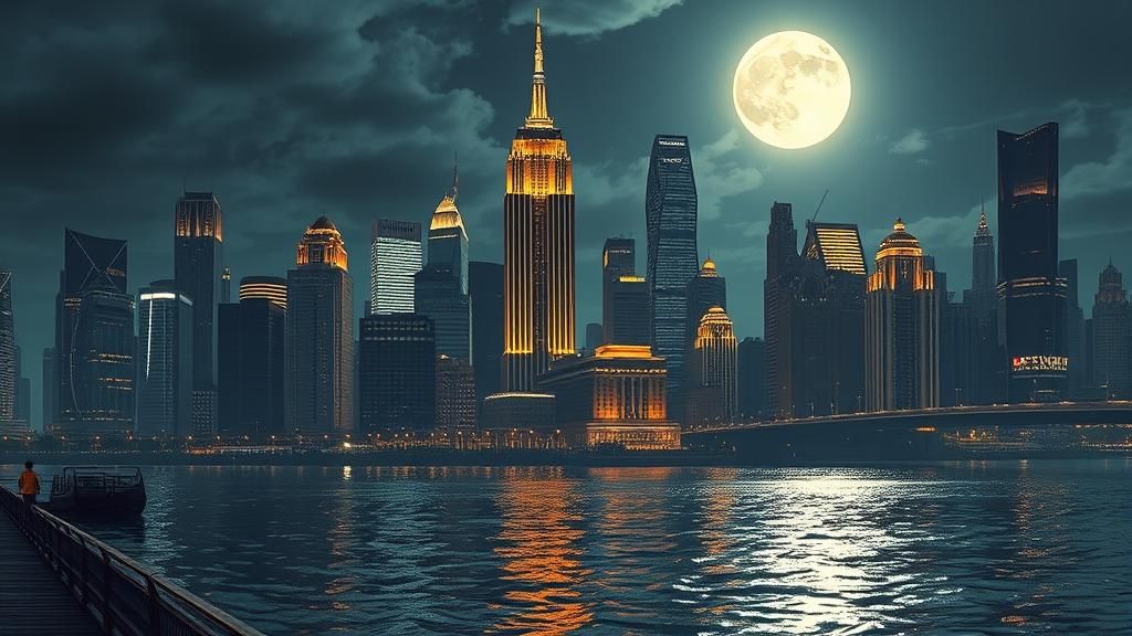 Art Deco Metropolis Reflects in Moonlit River