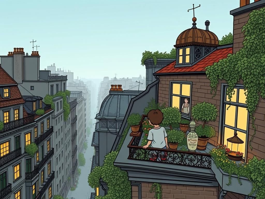 Children Gaze from Rooftop Garden in Gothic Style