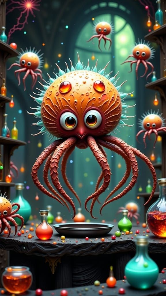 Whimsical Fae Creatures Play in a Mystical Laboratory