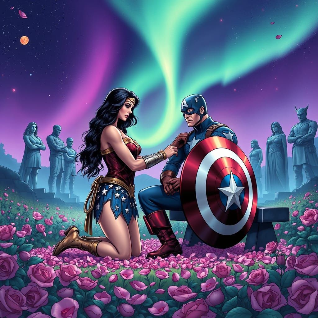 Wonder Woman Comforts Captain America in a Dreamlike Rose Ga...