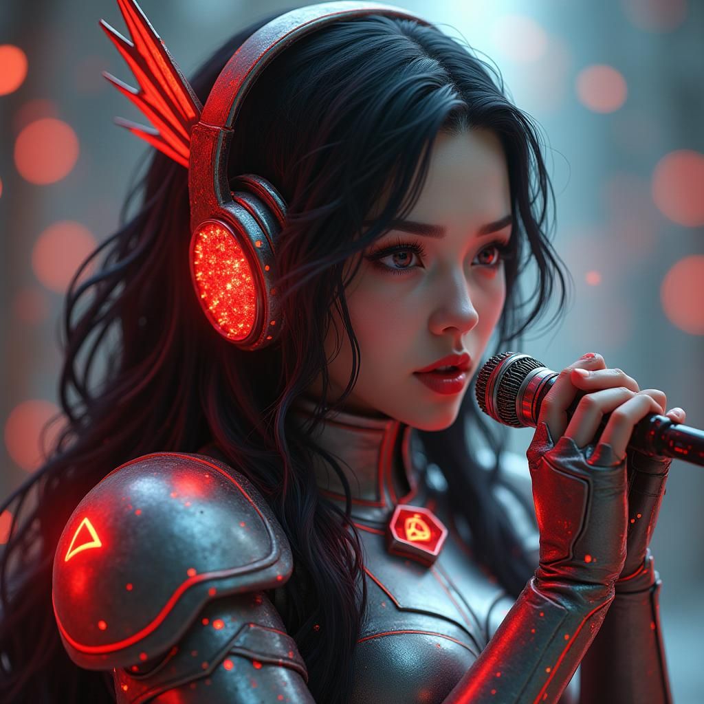 Futuristic Bard Singing with Diamond Music Notes