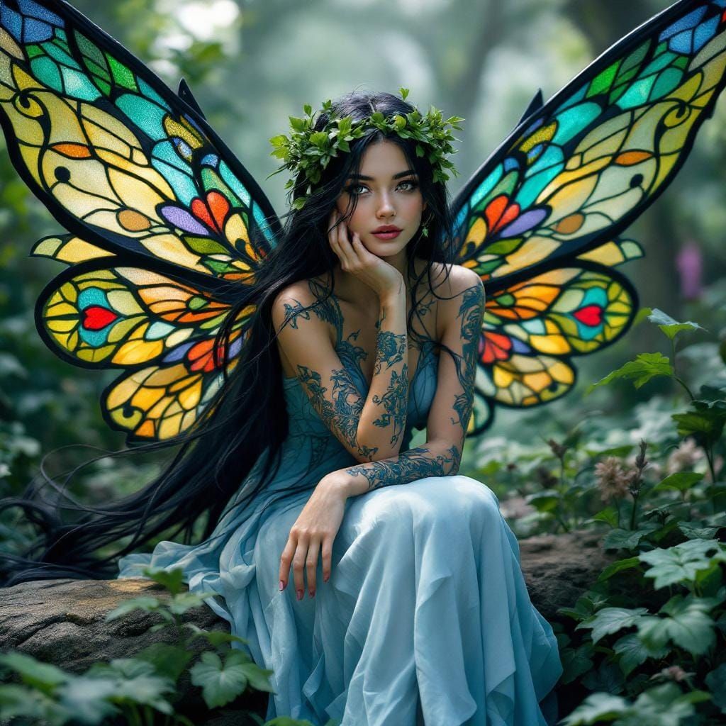 Hyperrealistic Fairy with Stained Glass Wings