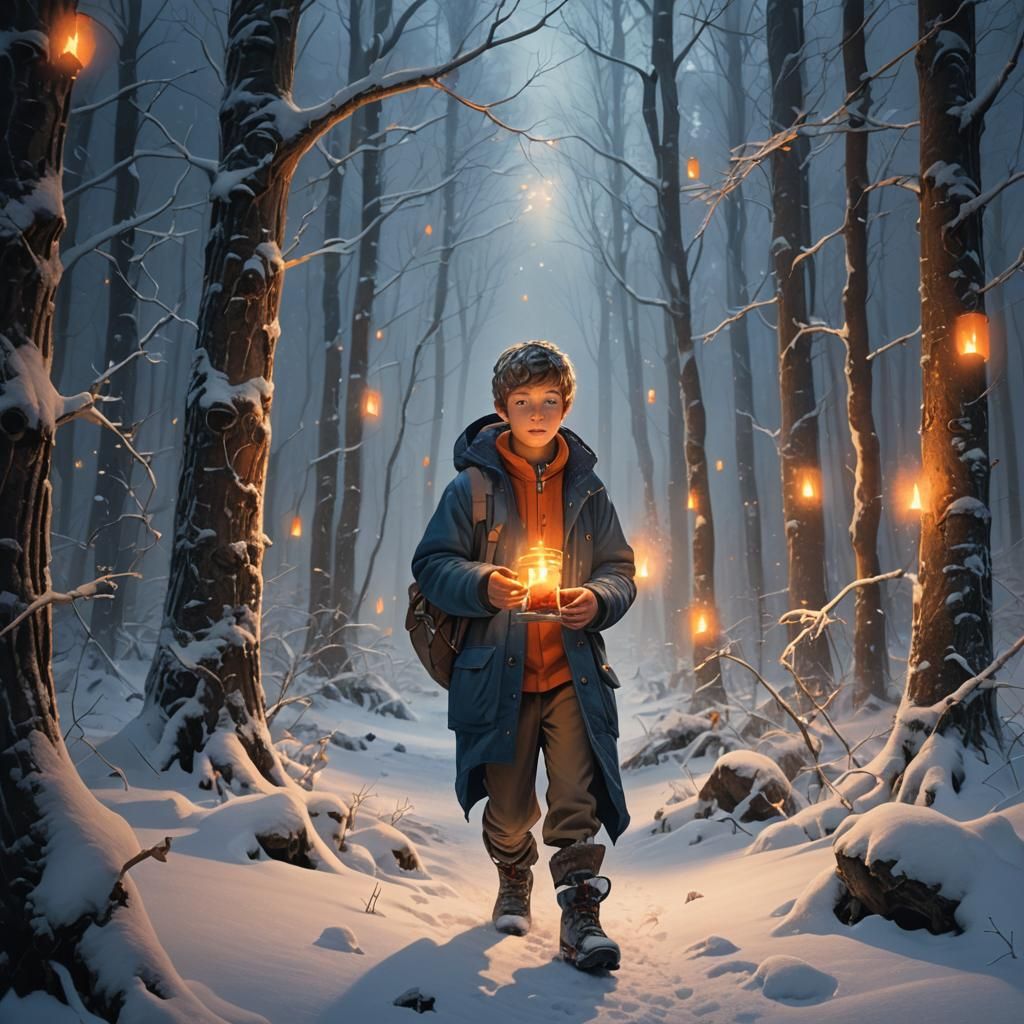 Boy with Candle in Snowy Forest, Fantasy Art