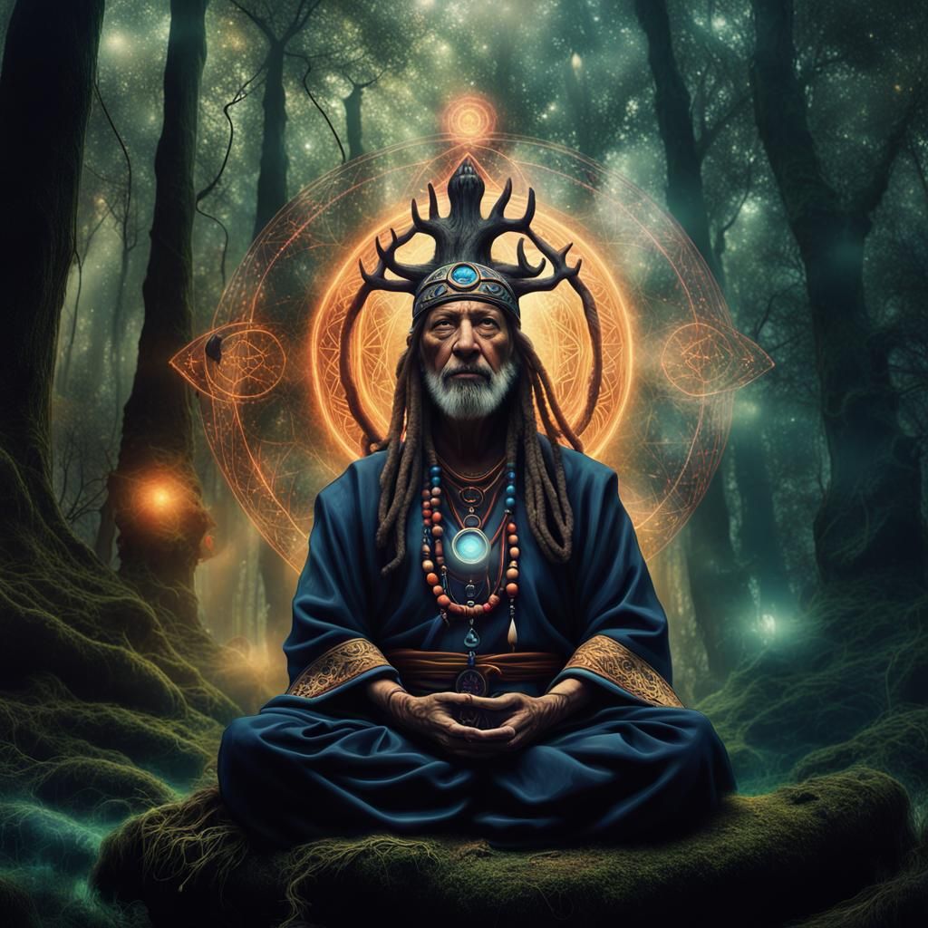 Druidic Shaman Meditating in Mystical Forest