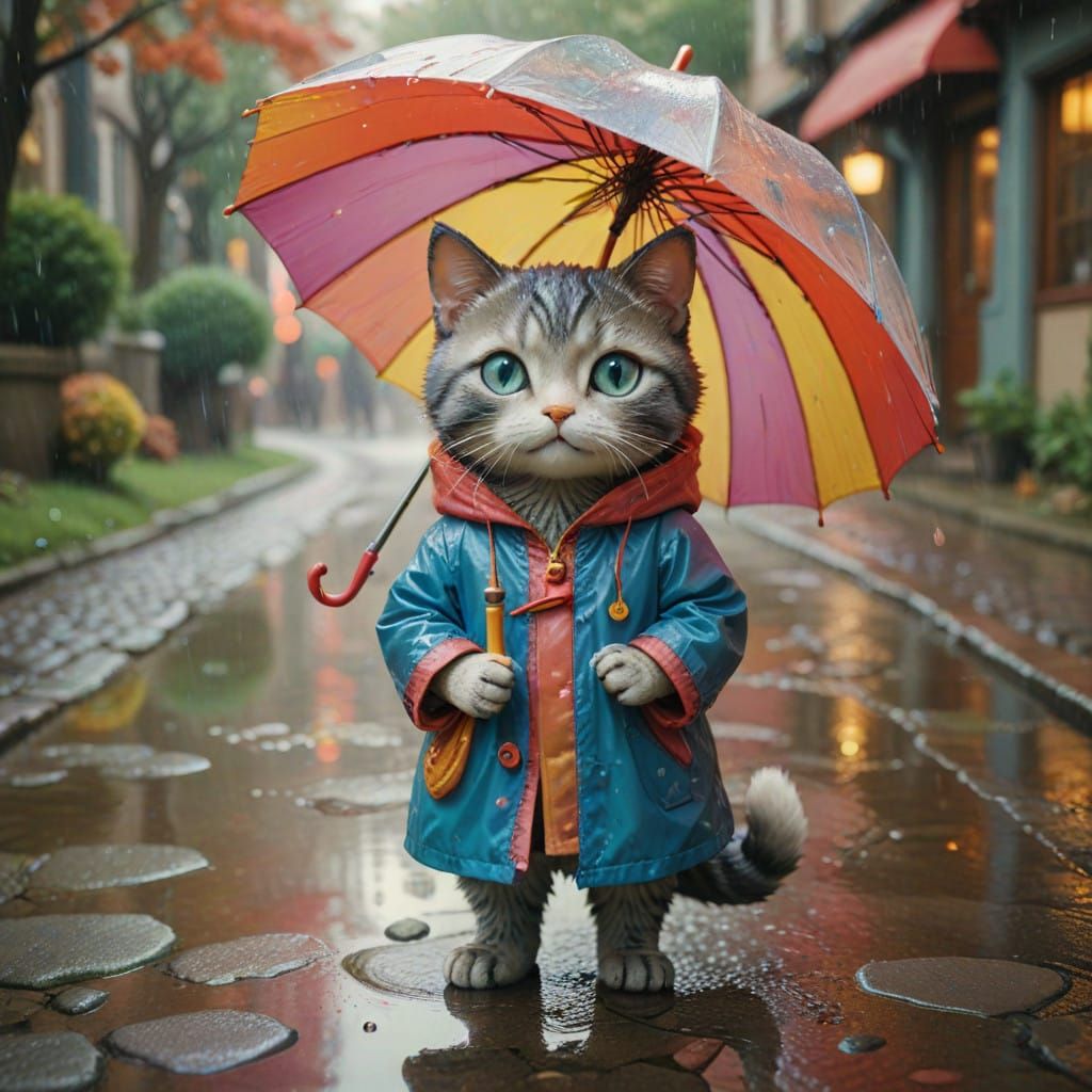 Whimsical Cat in Rainy City, Cinematic Style