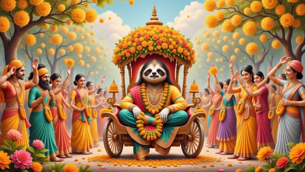 Sloth at Indian Wedding in Miniature Painting Style