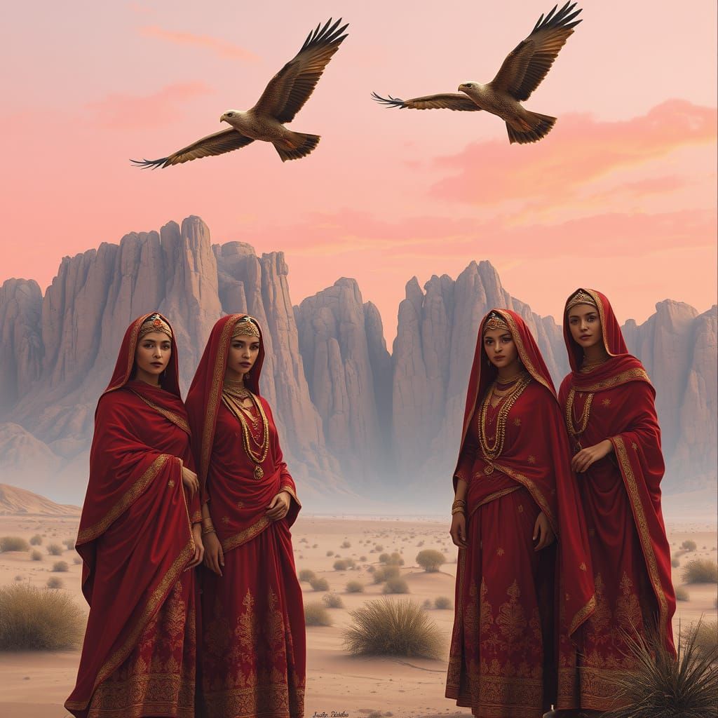 Regal Desert Queens in Vibrant Red and Gold Attire, Flanked ...