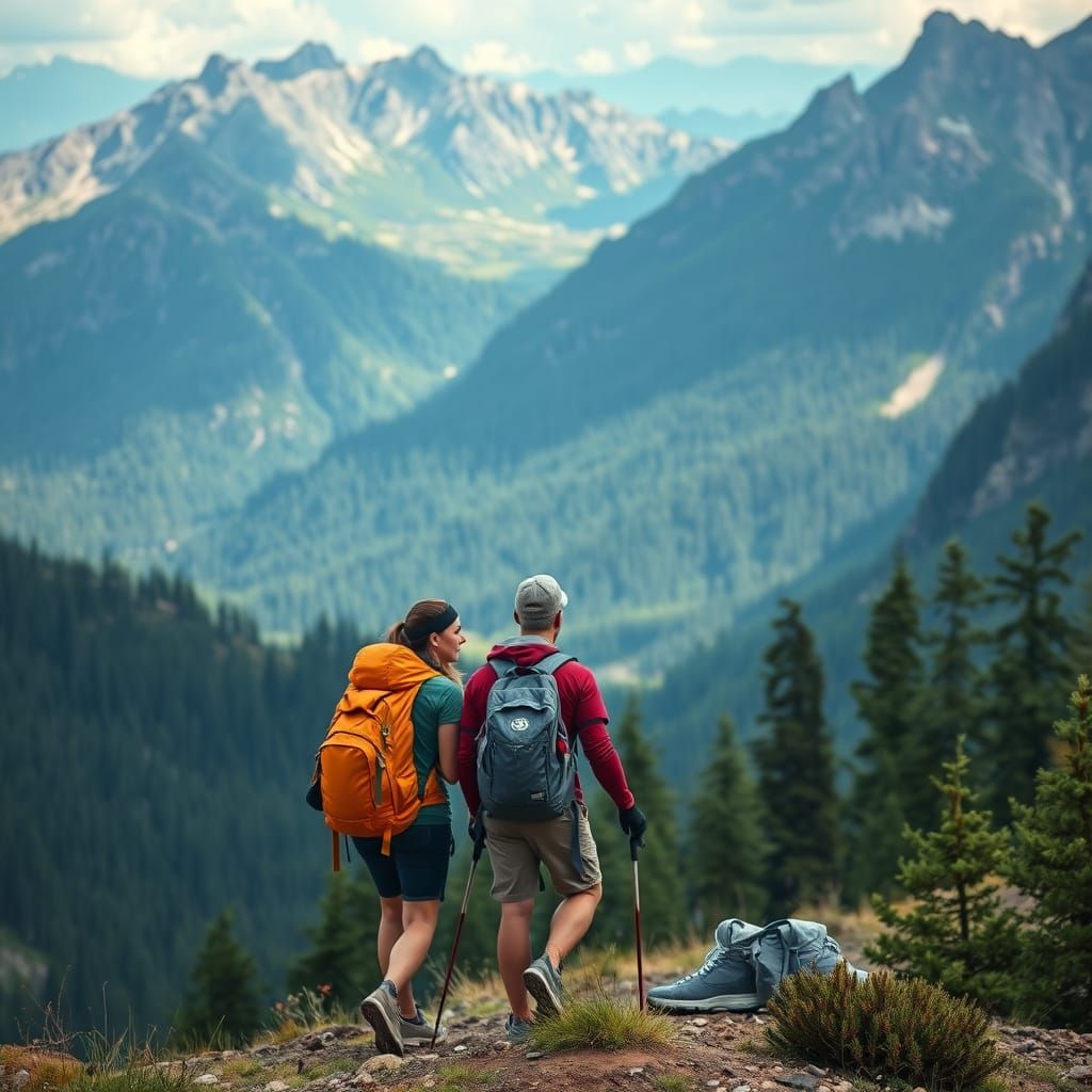 Couple Hiking in Majestic Mountain Landscape
