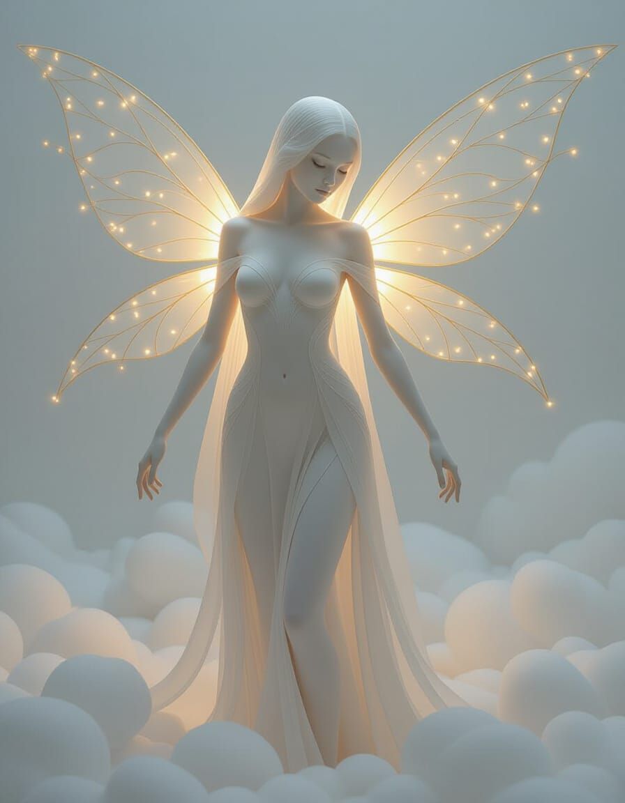 Ethereal Being in Clouds with Golden Lights