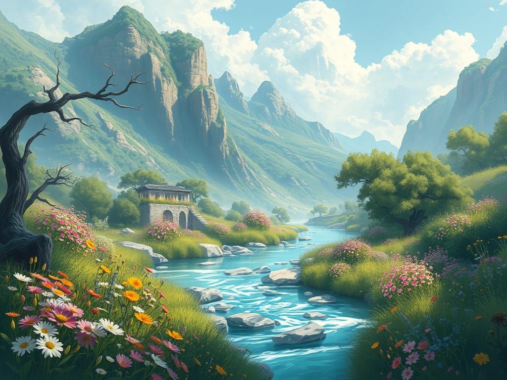 Elysian Paradise of Lush Greens and Wildflowers