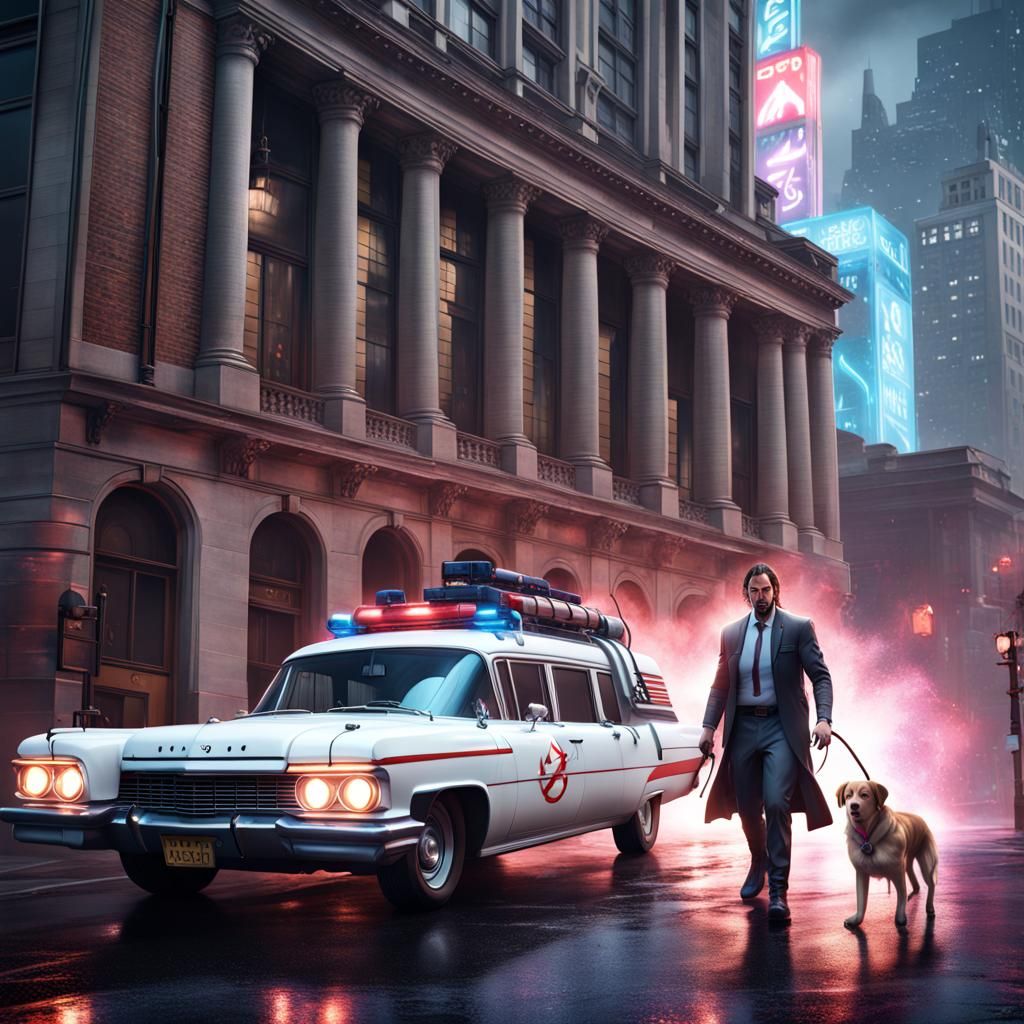Hyperrealistic Ghostbuster John Wick with Dog