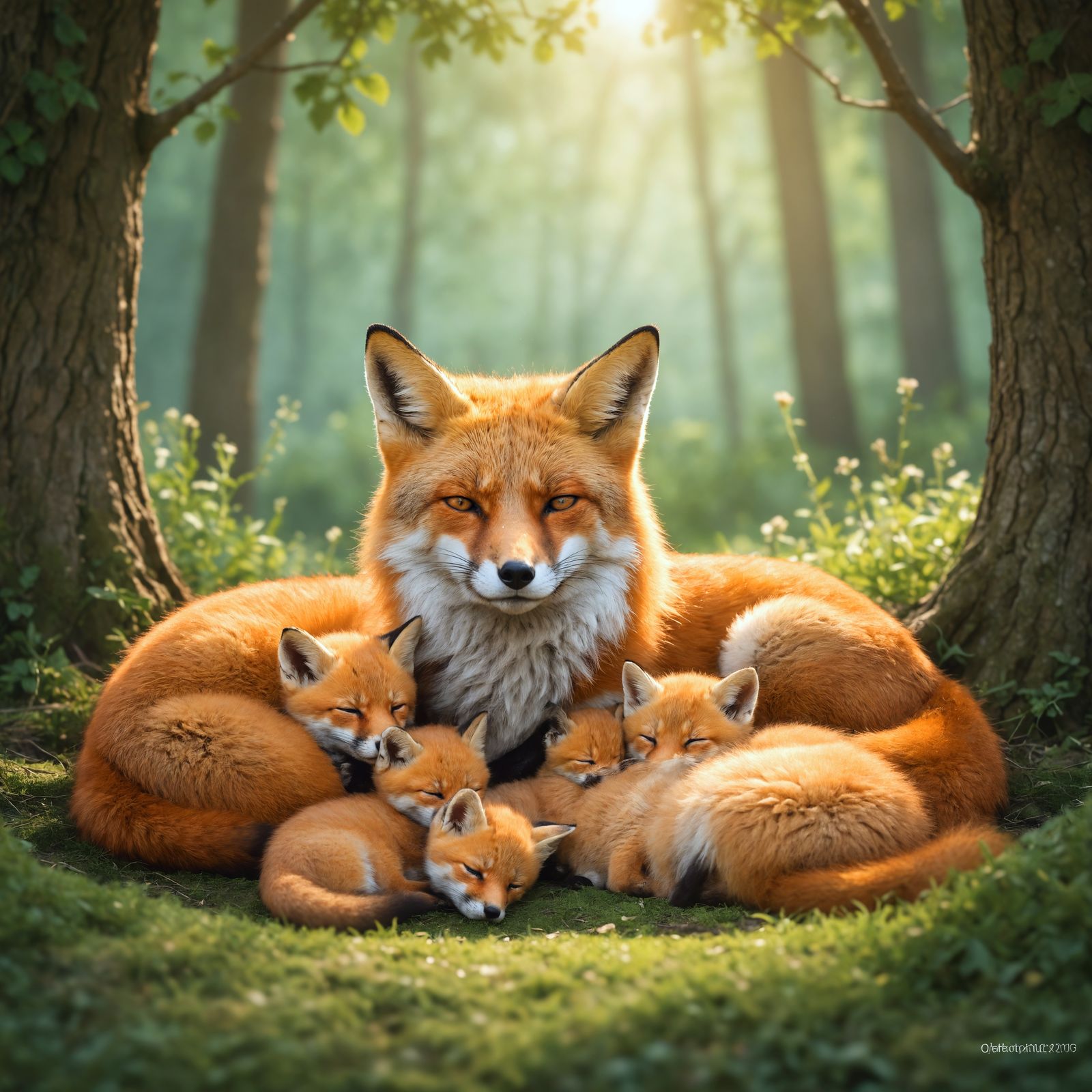 Relaxed Fox Mother with Sleeping Kittens