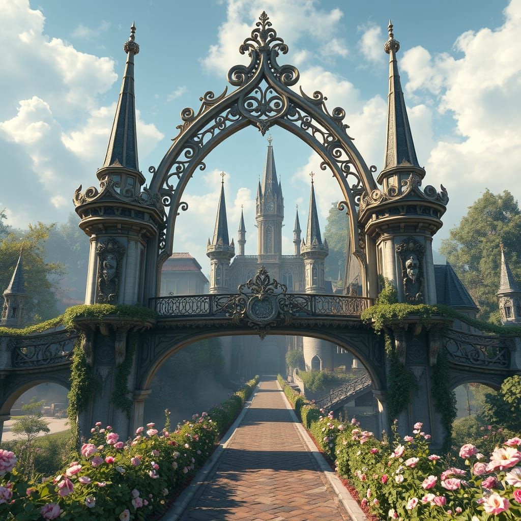 Fairytale Bridge in Elven Village - Art Nouveau Dreamscape