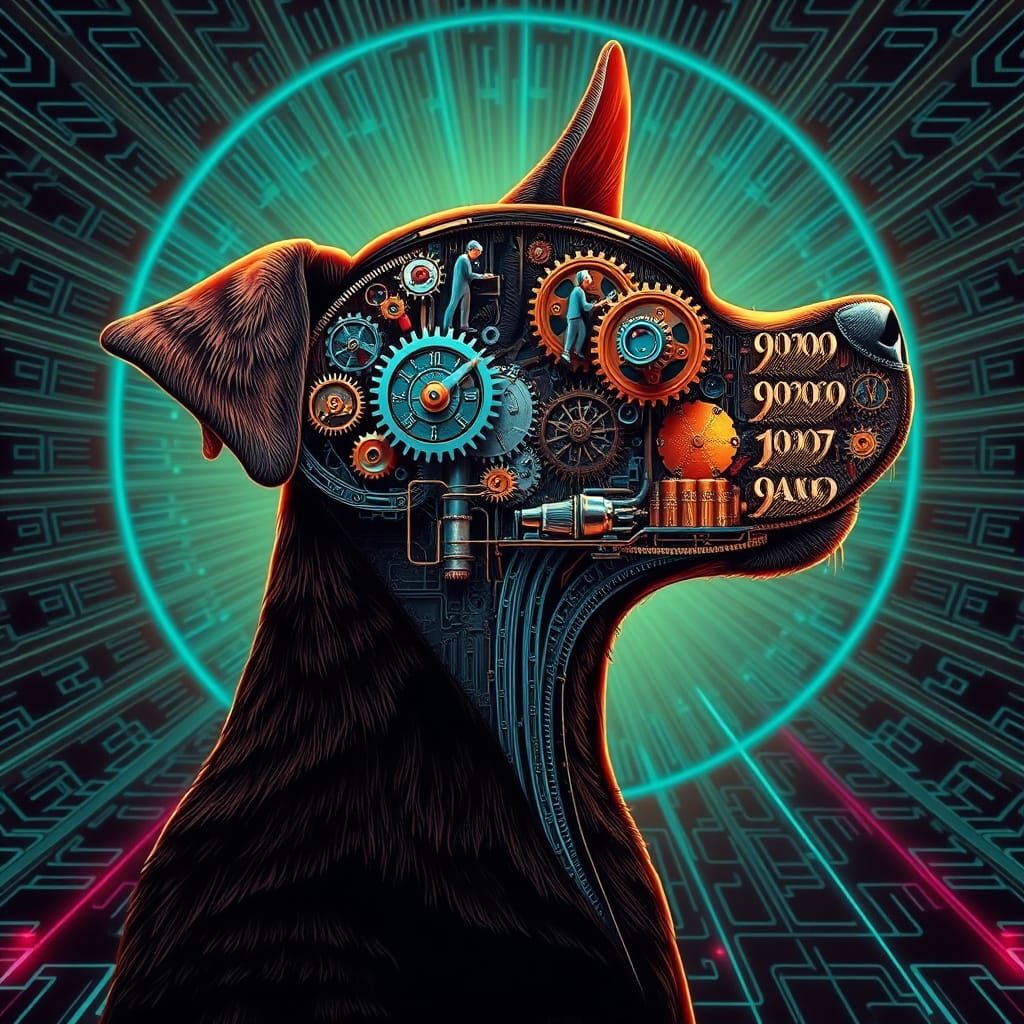 Dog with Clockwork Brain in Neon Dreamscape