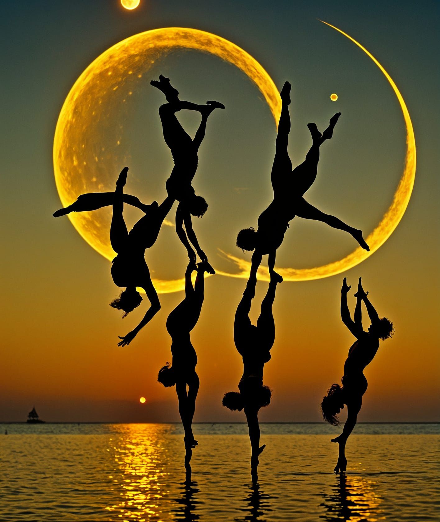 Acrobats Silhouetted by Golden Moon in Surreal Style