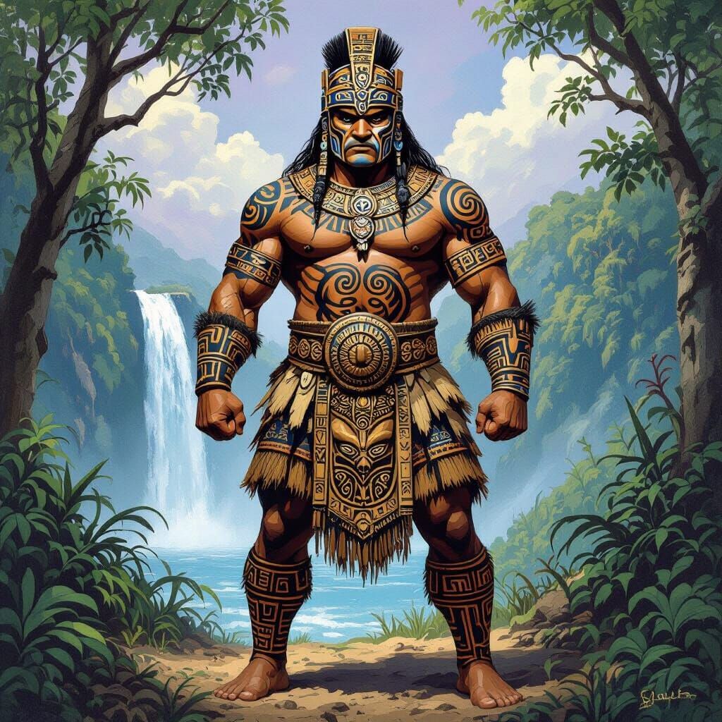 Muscular Maori Warrior in Full Armor with Intricate Carvings