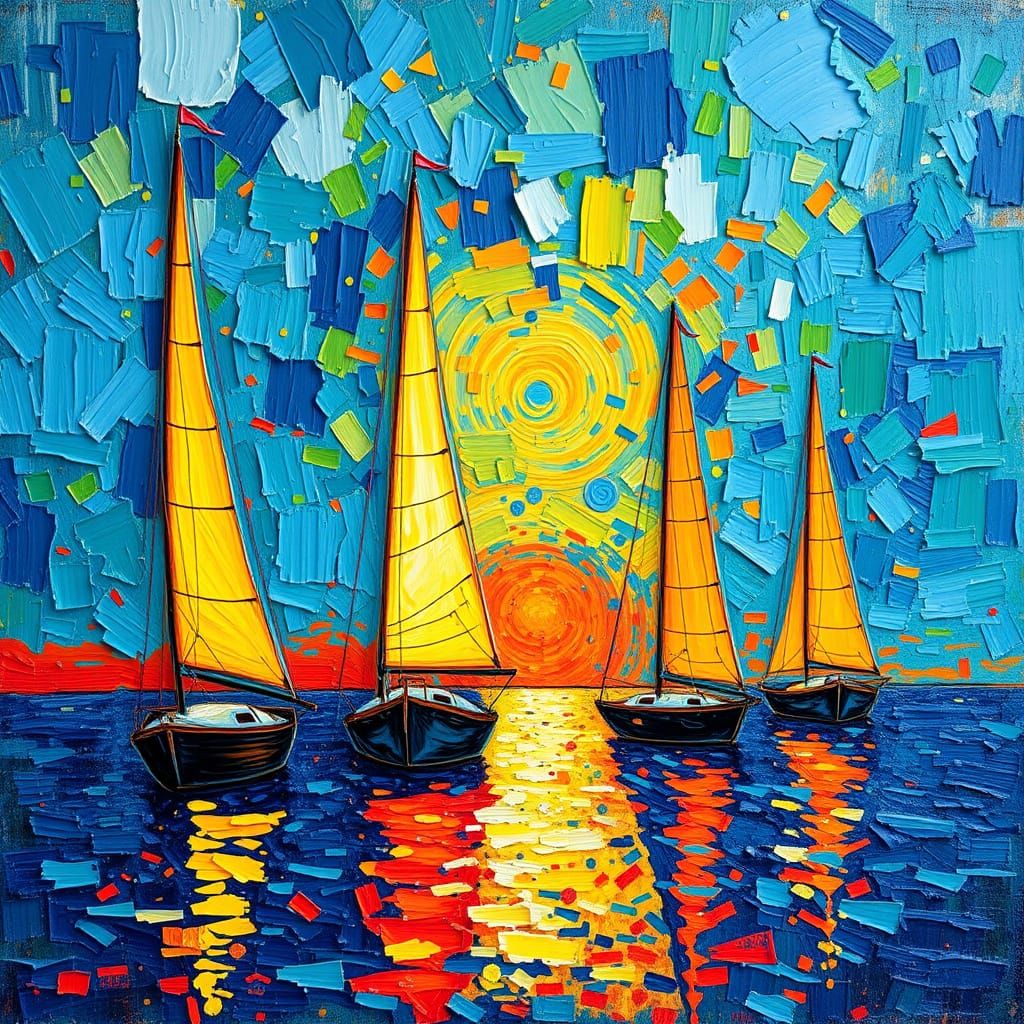 Sailboats at Sunrise in Post-Impressionist Style