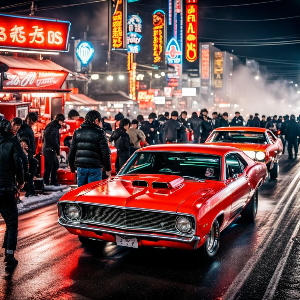 Muscle Car Drag Race in Snowy Tokyo Night