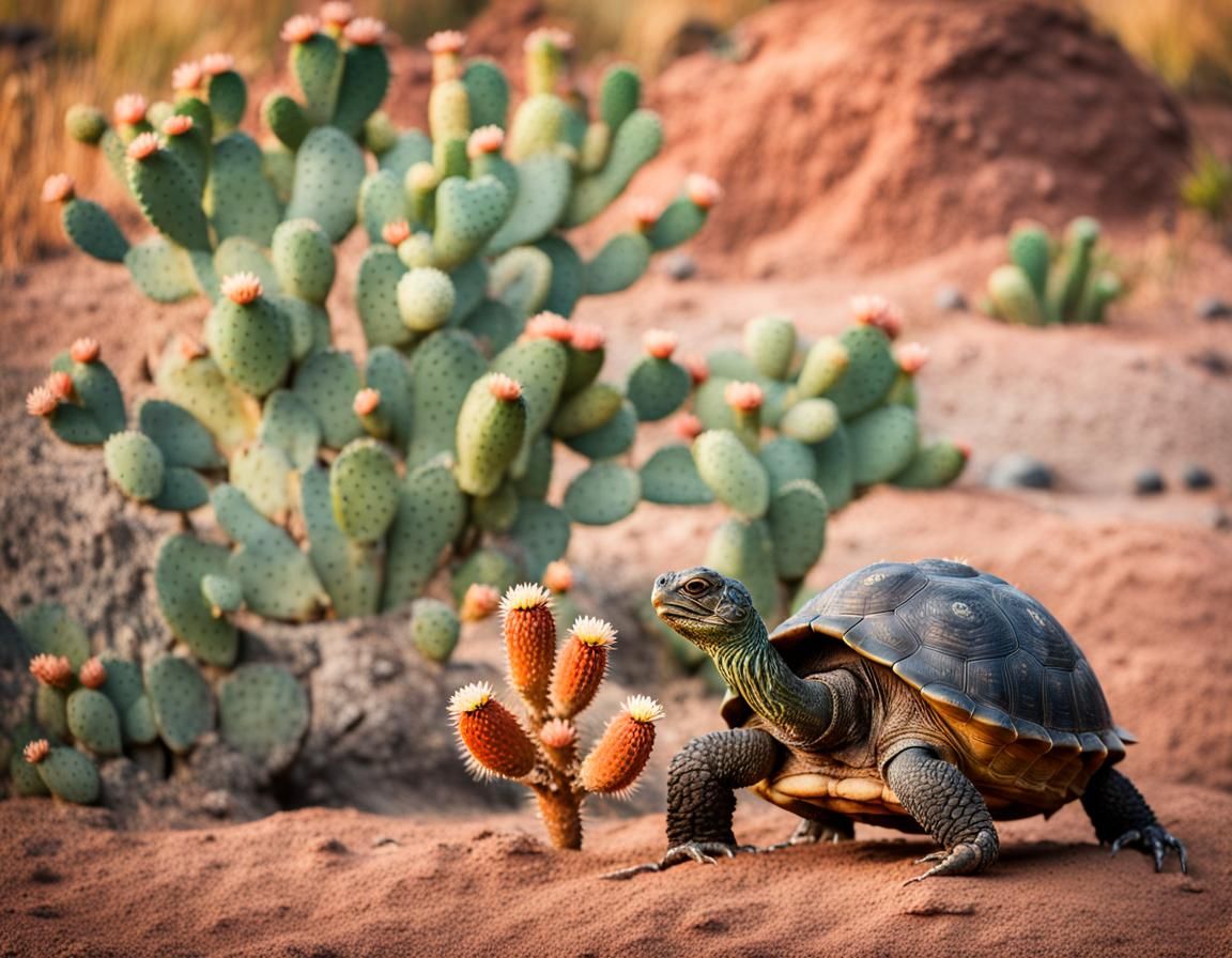 Galapagos Turtle and Cactus Wildlife Portrait