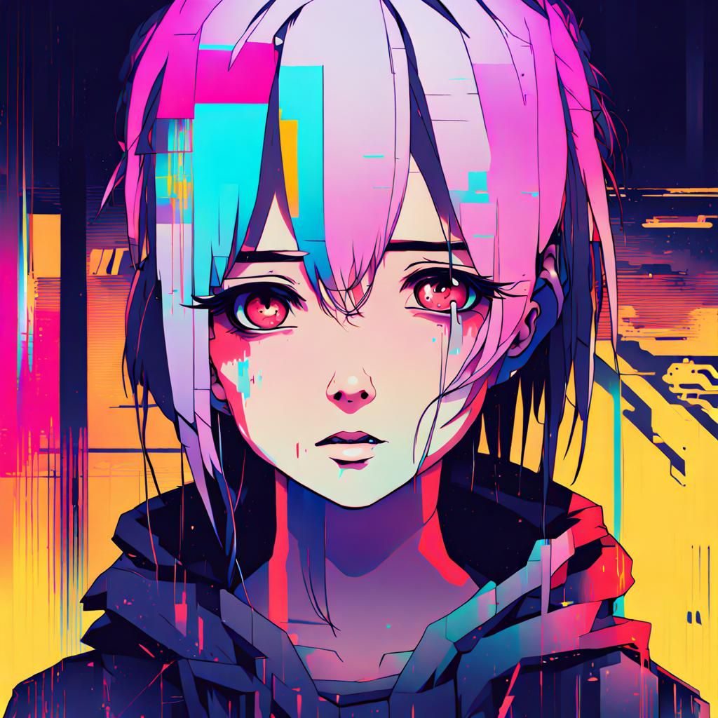 Glitched Anime Girl Portrait in Cyberpunk Style