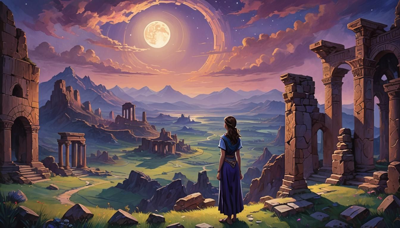 Woman in Moonlit Mountain Landscape, Fauvist Style