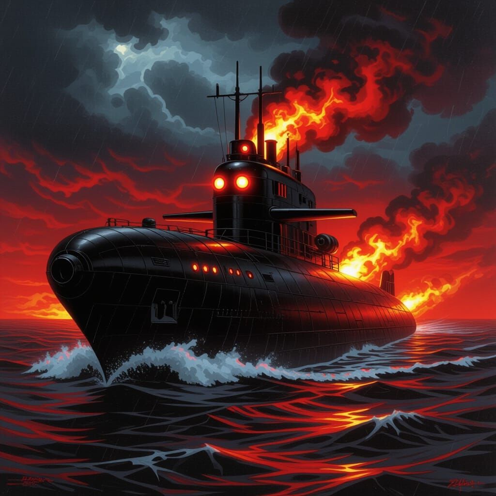 Infernal Obsidian Submarine Navigates Blood-Red Ocean