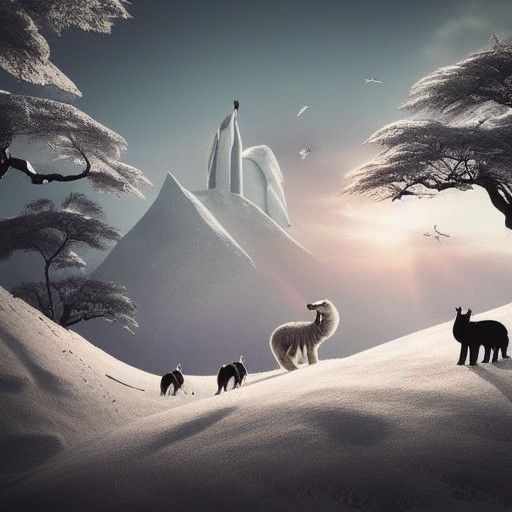 Surreal Mountain Landscape with Animals at Sunset