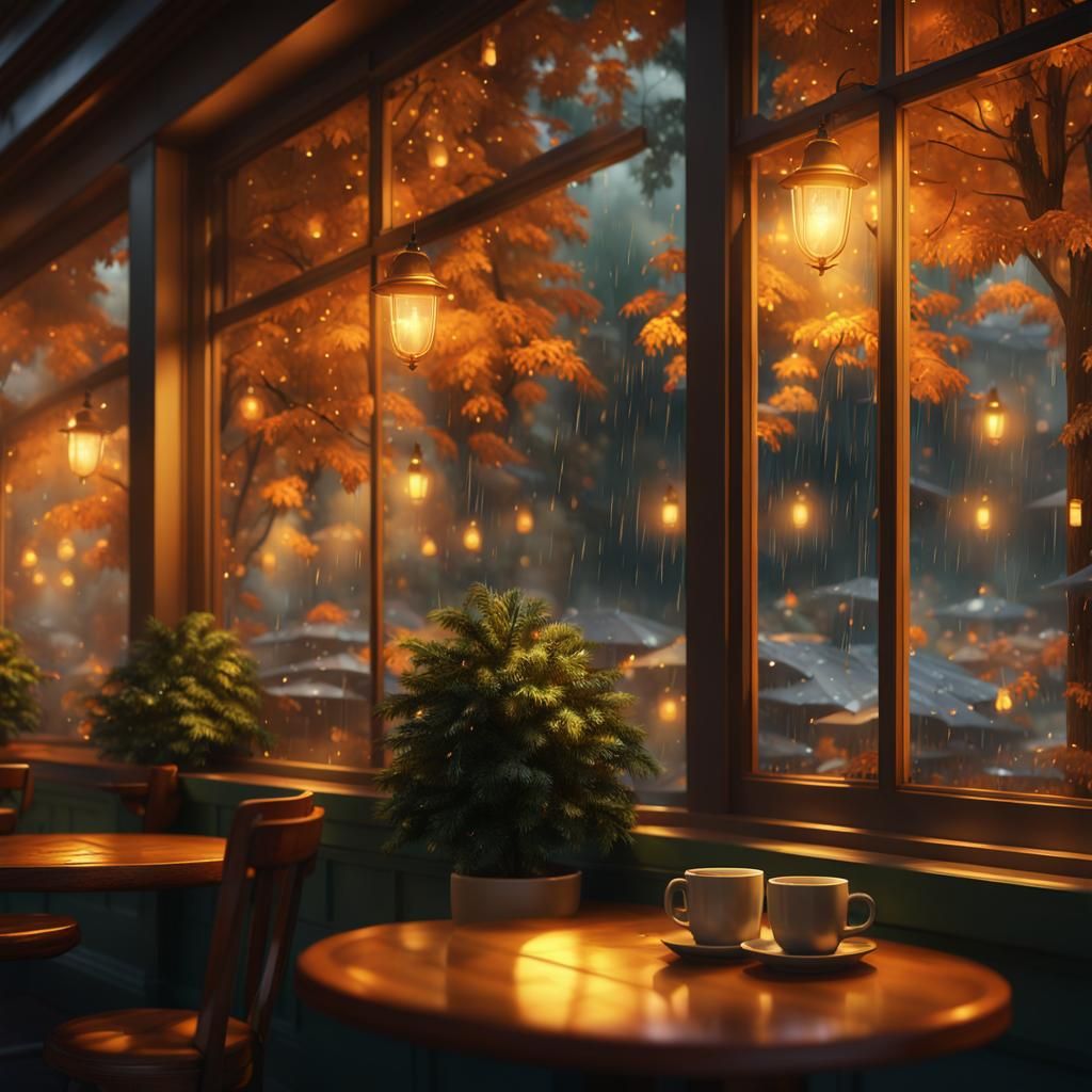 Cozy Coffee Shop Window View of Autumn Rain