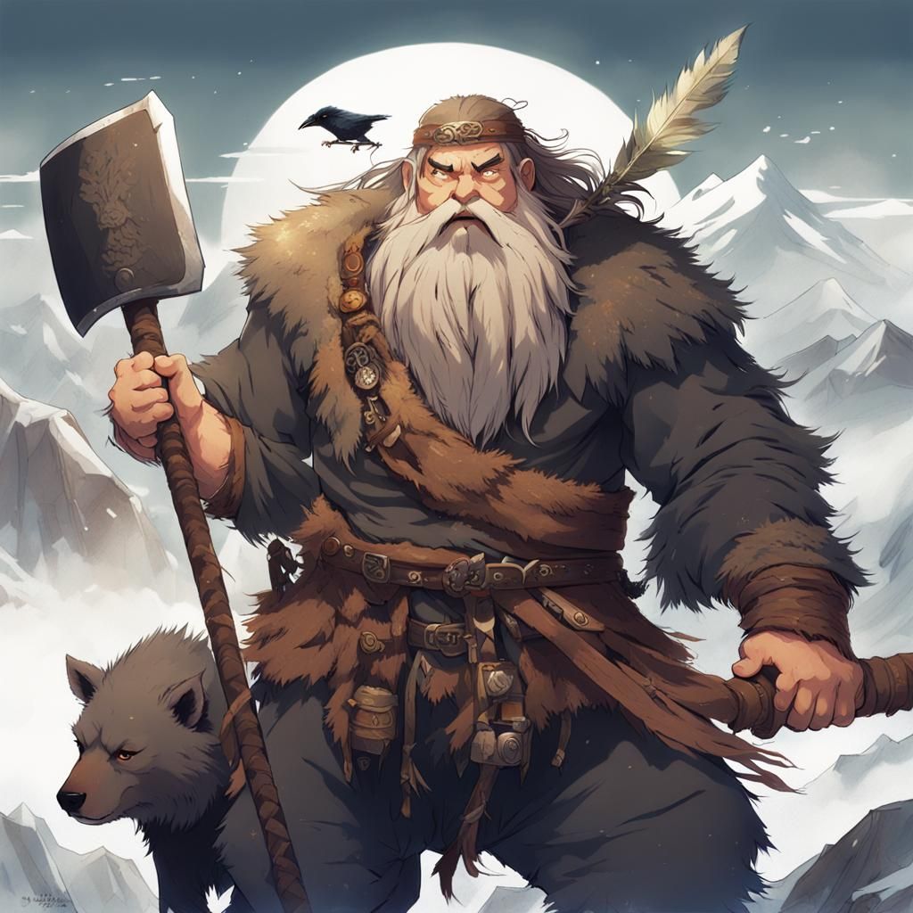 Mountain Dwarf Barbarian with Spirit Bear, in Anime Style