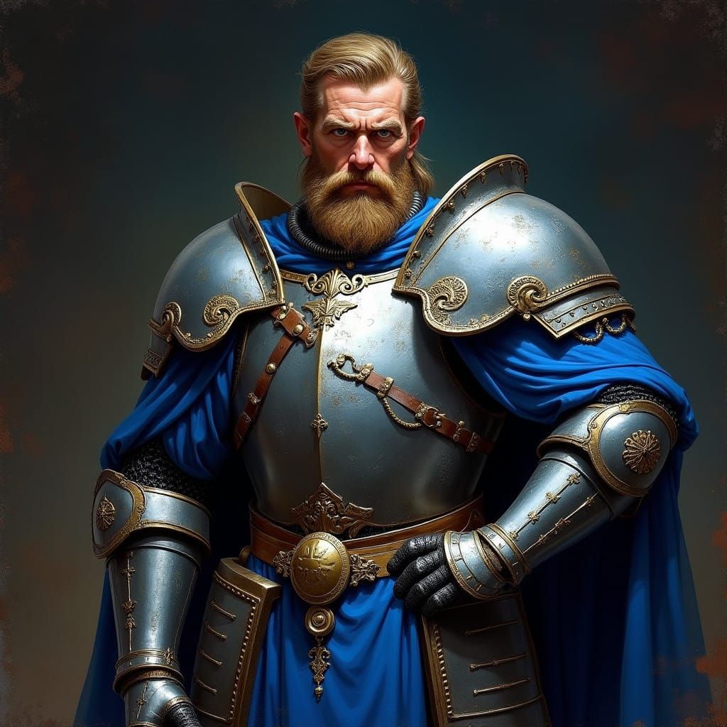 Medieval Fantasy Soldier in Dark Blue and Silver Armor