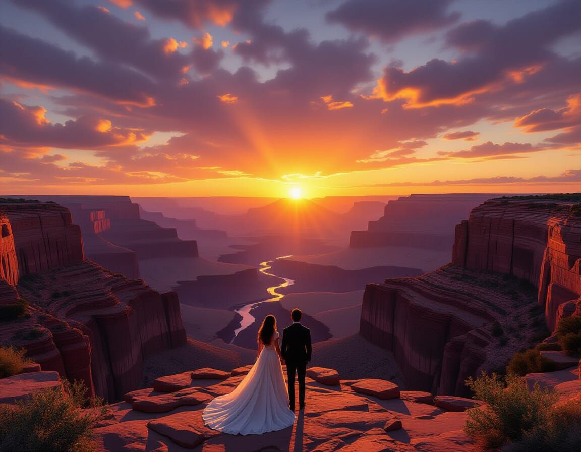 Lovers Embrace at Sunset Overlooking Canyons