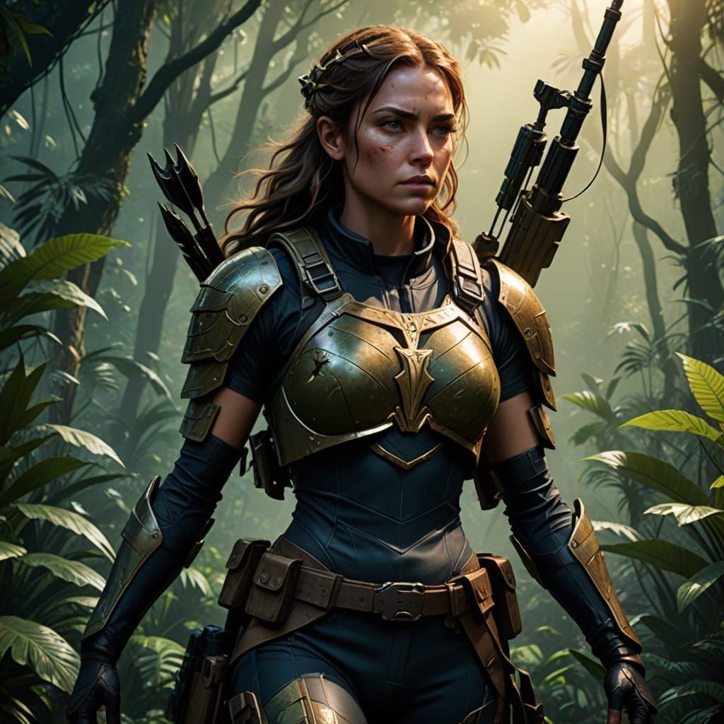 Cyberpunk Huntress Goddess of the Hunt in the Jungle