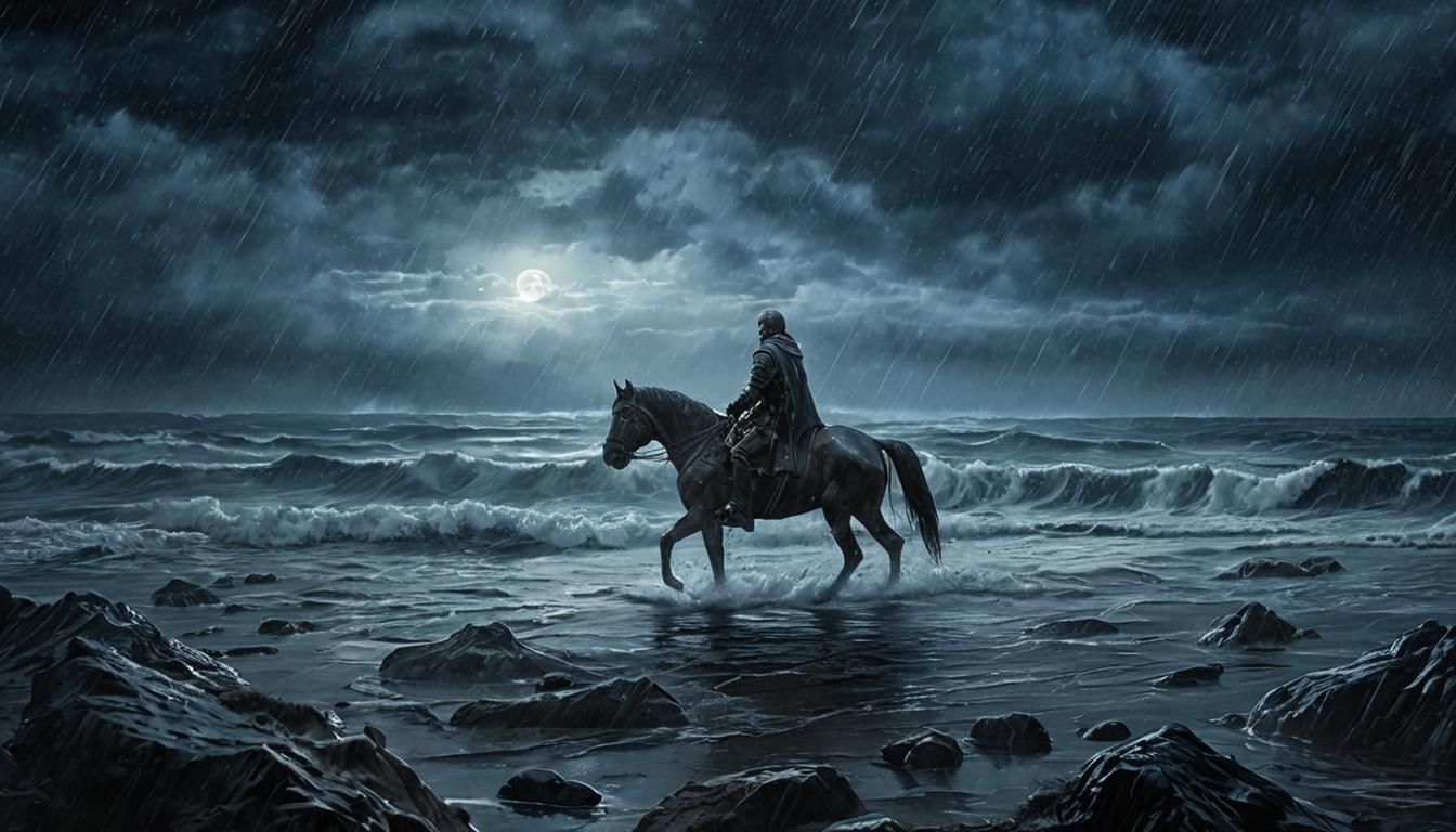 Medieval Knight Riding Horse in Stormy Ocean View