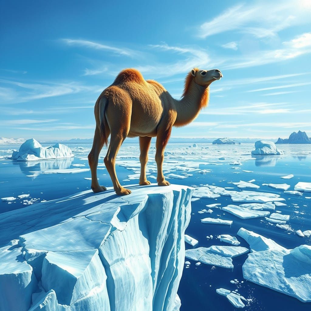 Majestic Camel on Icy Arctic Landscape in Cubist Photorealis...