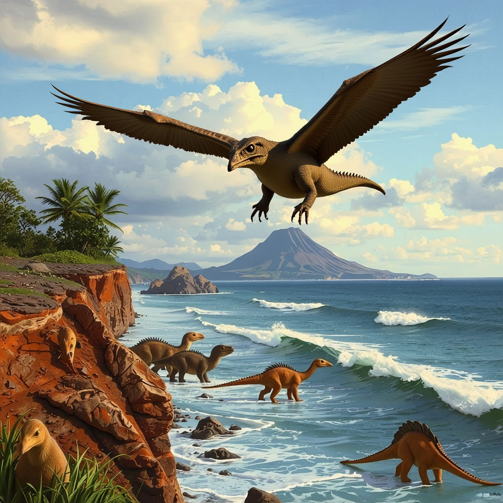 A Pterodactyl soars through the skies above a prehistoric coastline, its leathery wings catching the warm light of the m...