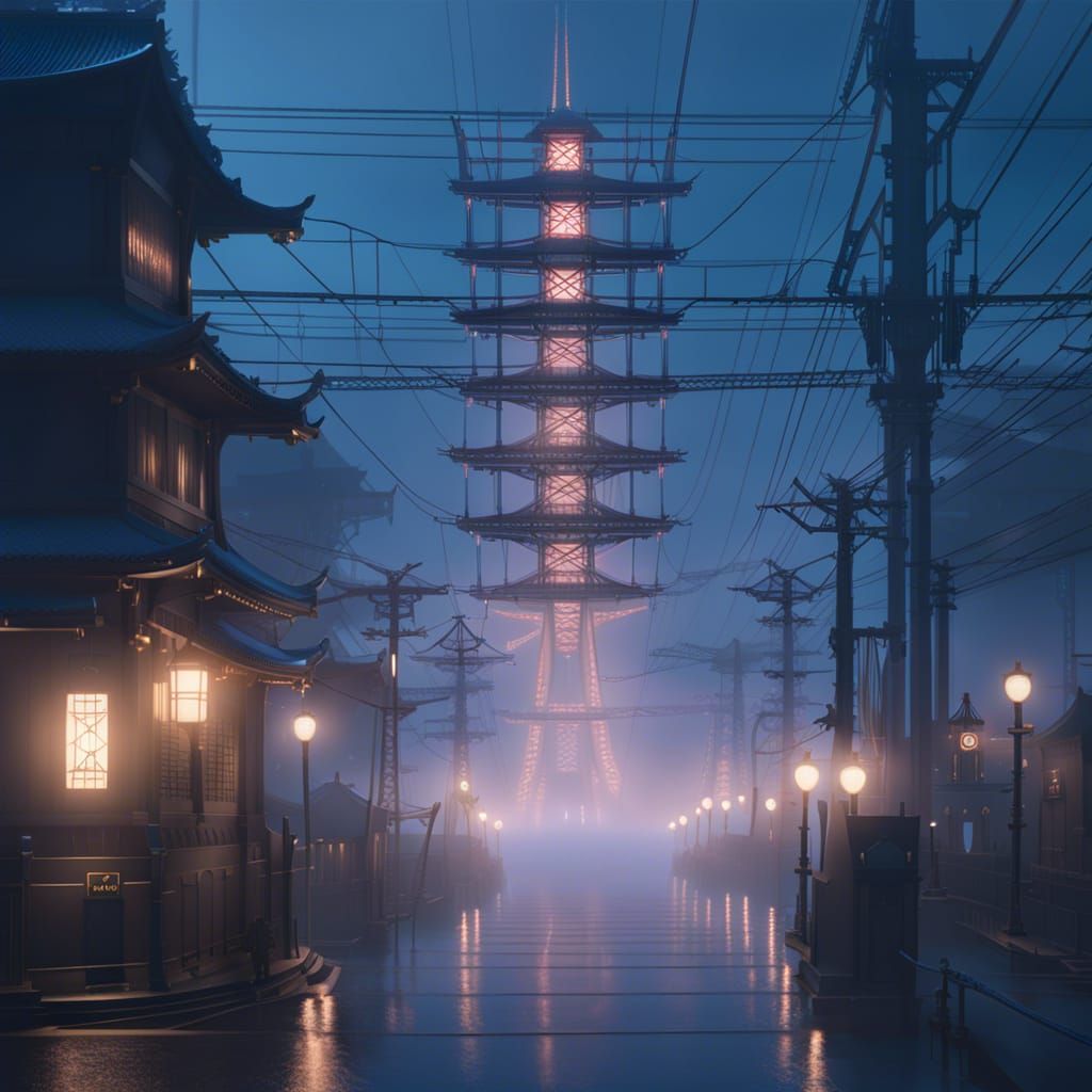 Steampunk Japan Pylons in Fog, Matte Painting