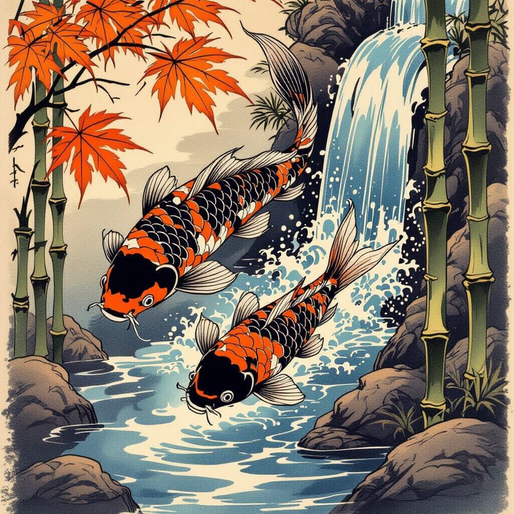 Koi Fish Transforming to Dragon in Japanese Woodcut Style