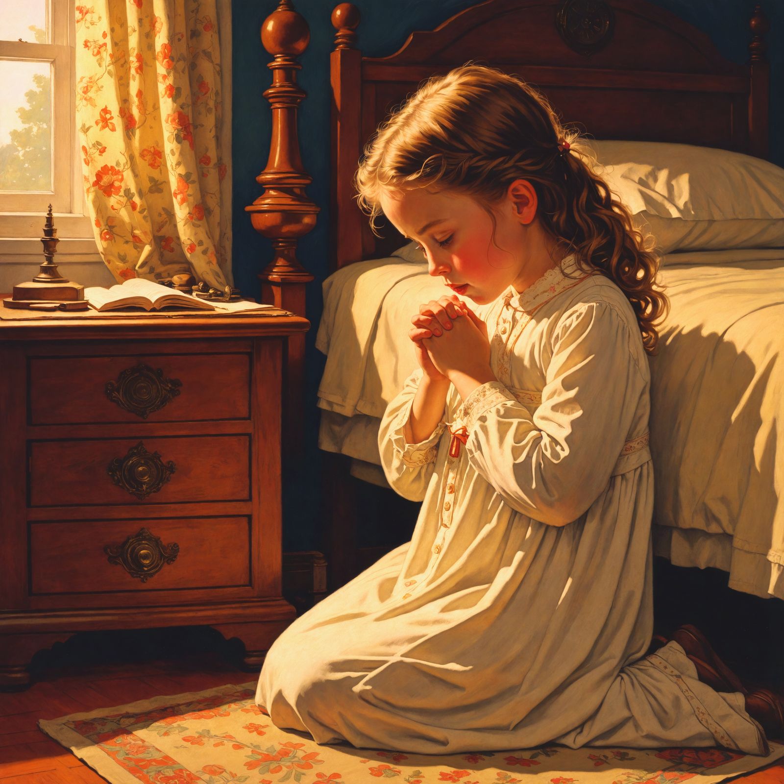 Girl Praying: Nostalgic Illustration in Oil