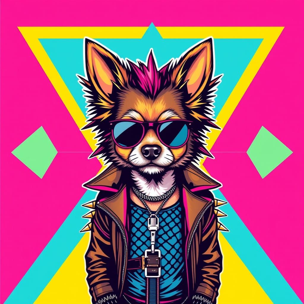 Cyberpunk Canine Rockstar in Vibrant Bauhaus-Inspired Art