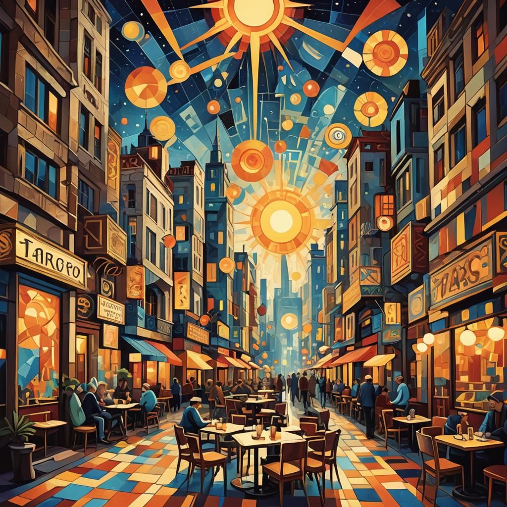 Cubist Tarot Card Cityscape with Geometric Elements