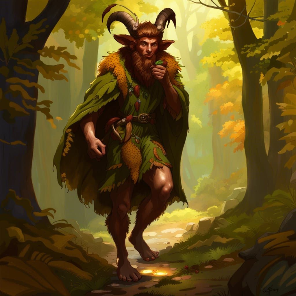 Satyr Druid Picking Berries in Sunlit Forest